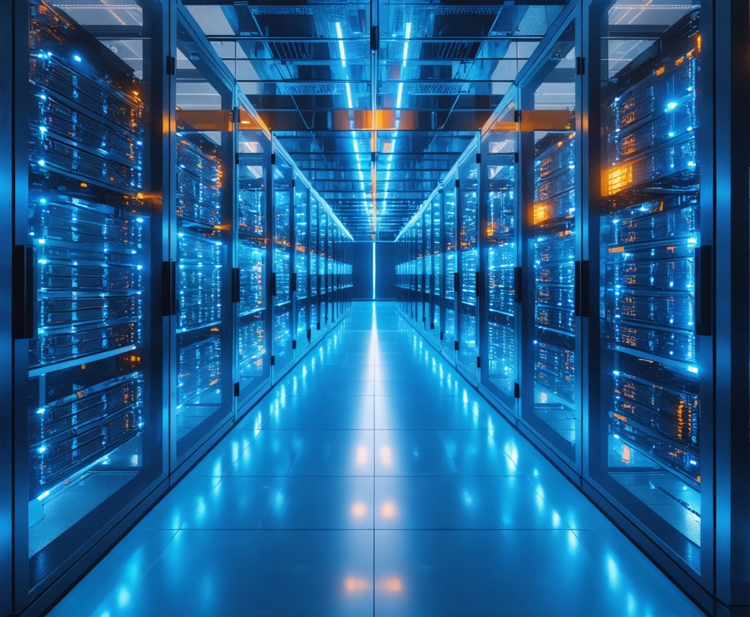 A cinematic view of a modern data center with glowing orange and blue server racks representing the heat of the forge.