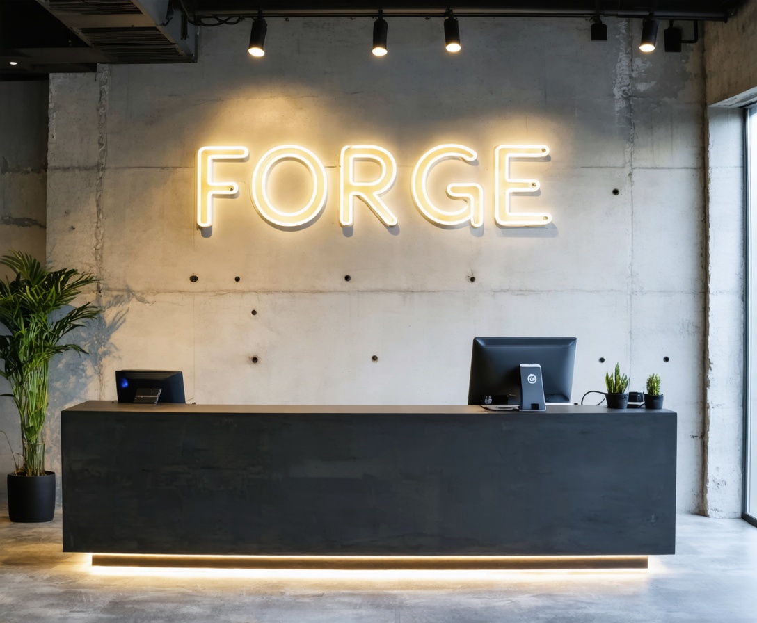 The minimalist lobby and reception area of IT Career Forge in Austin, featuring clean lines and a professional tech environment.
